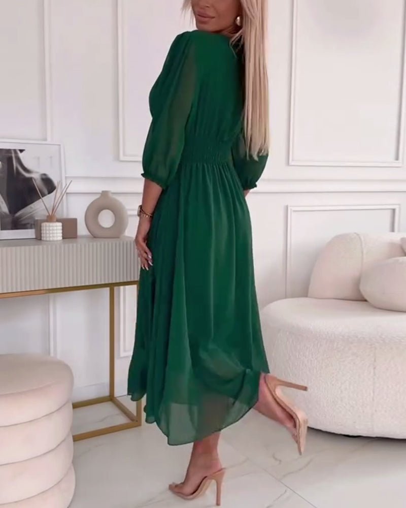 Women's V-Neck Ruched Waist Dress | Solid Colour Flowy Fit Side