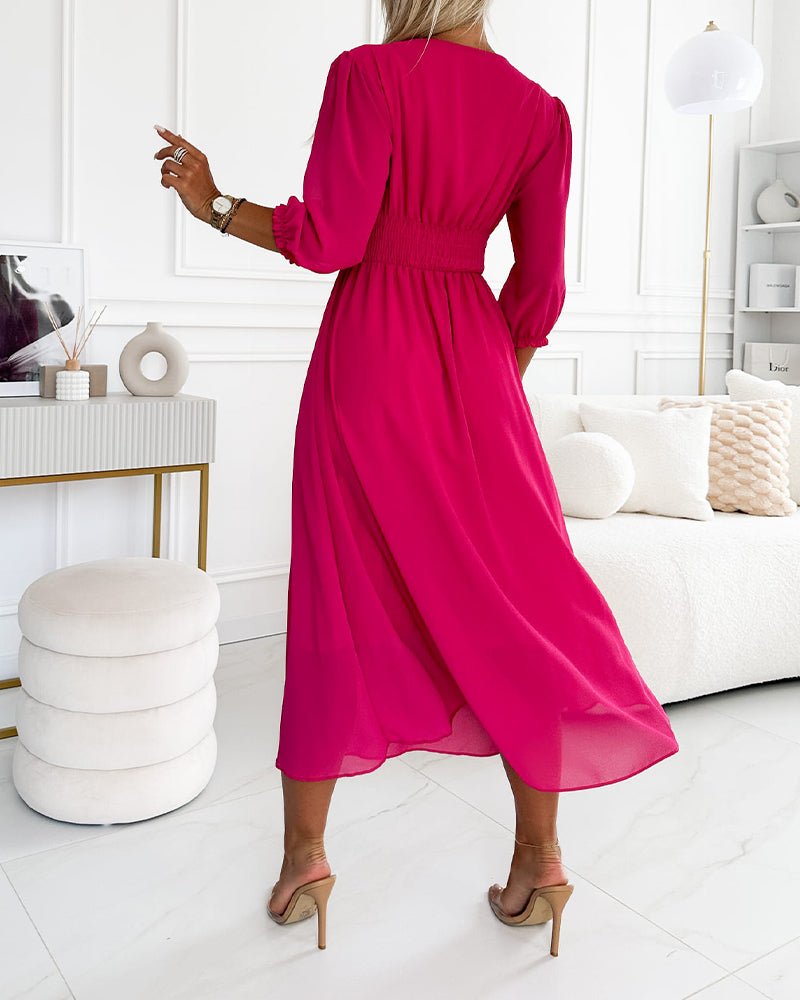Women's V-Neck Ruched Waist Dress | Solid Colour Flowy Fit View 15
