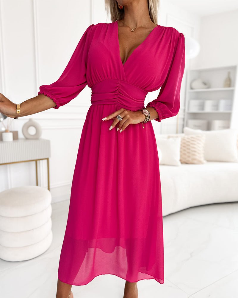 Women's V-Neck Ruched Waist Dress | Solid Colour Flowy Fit View 16