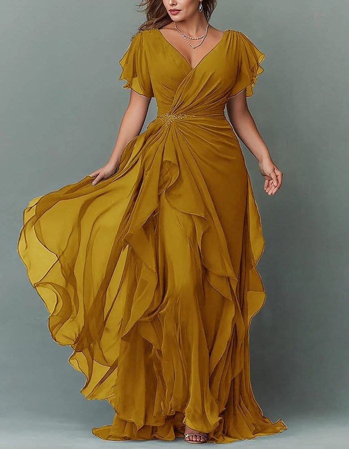 Women's V-Neck Tiered Maxi Dress | Wedding Guest Cascading Ruffle Skirt Back