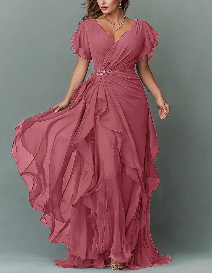 Women's V-Neck Tiered Maxi Dress | Wedding Guest Cascading Ruffle Skirt Detail