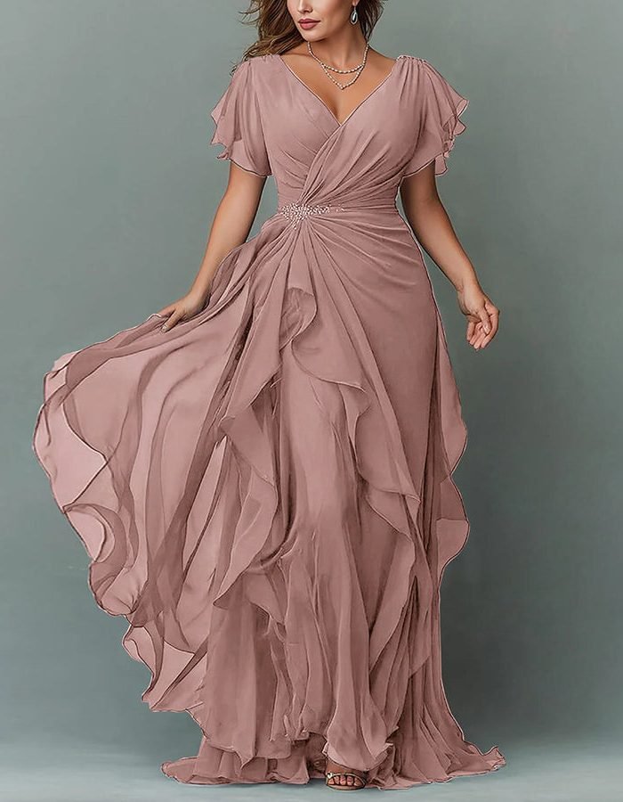 Women's V-Neck Tiered Maxi Dress | Wedding Guest Cascading Ruffle Skirt Full