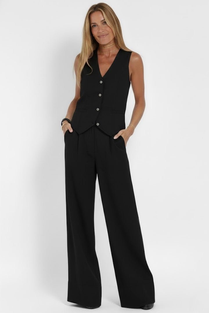 Women's V-Neck Waistcoat Set | Two Piece Trouser Outfit Close Up