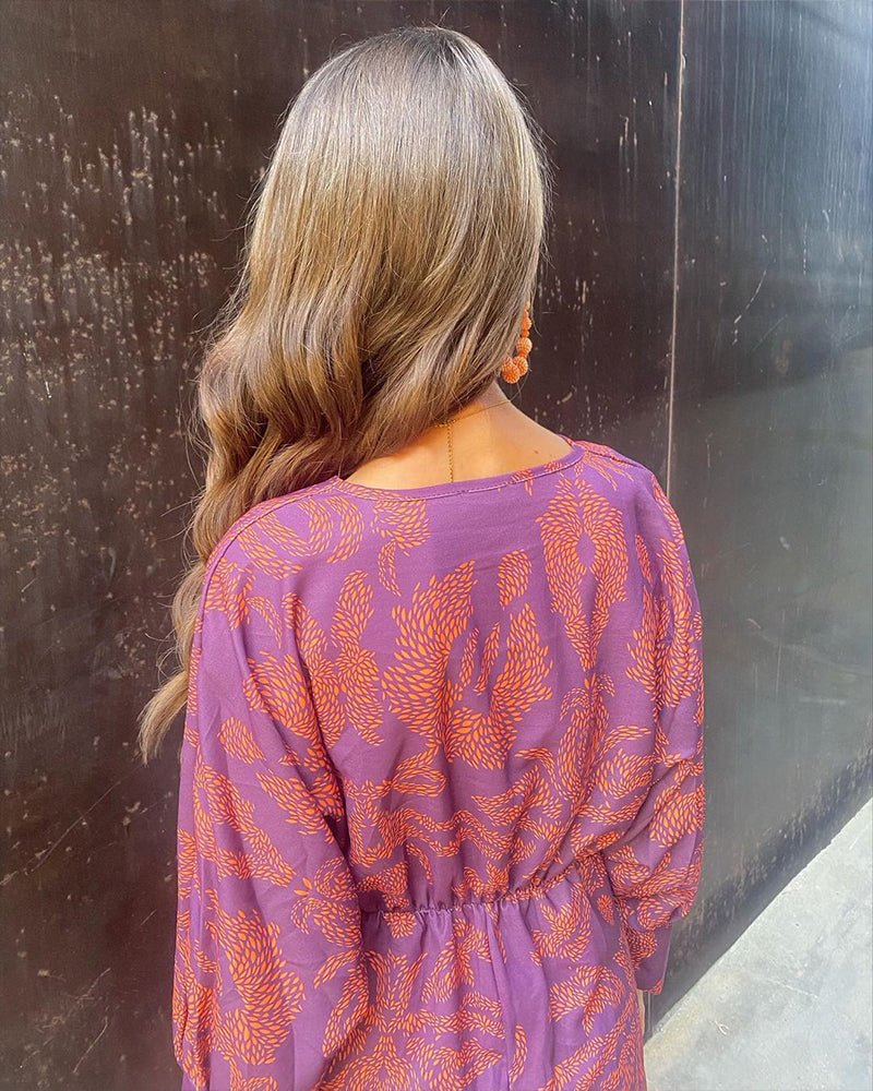 Women's Vintage Print V-Neck Dress | Long Sleeve Knot Front Alternate