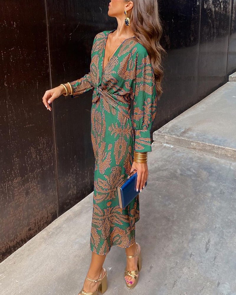 Women's Vintage Print V-Neck Dress | Long Sleeve Knot Front Close Up