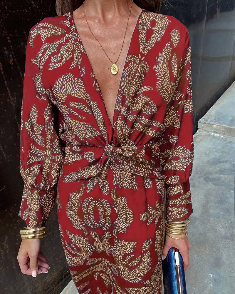 Women's Vintage Print V-Neck Dress | Long Sleeve Knot Front Full
