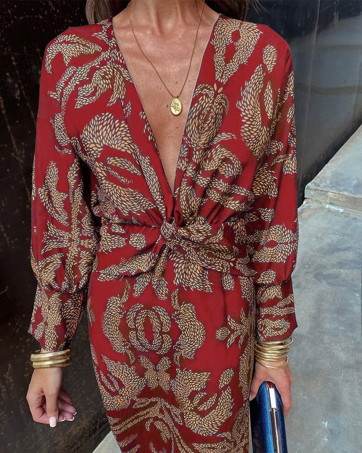 Women's Vintage Print V-Neck Dress | Long Sleeve Knot Front Full