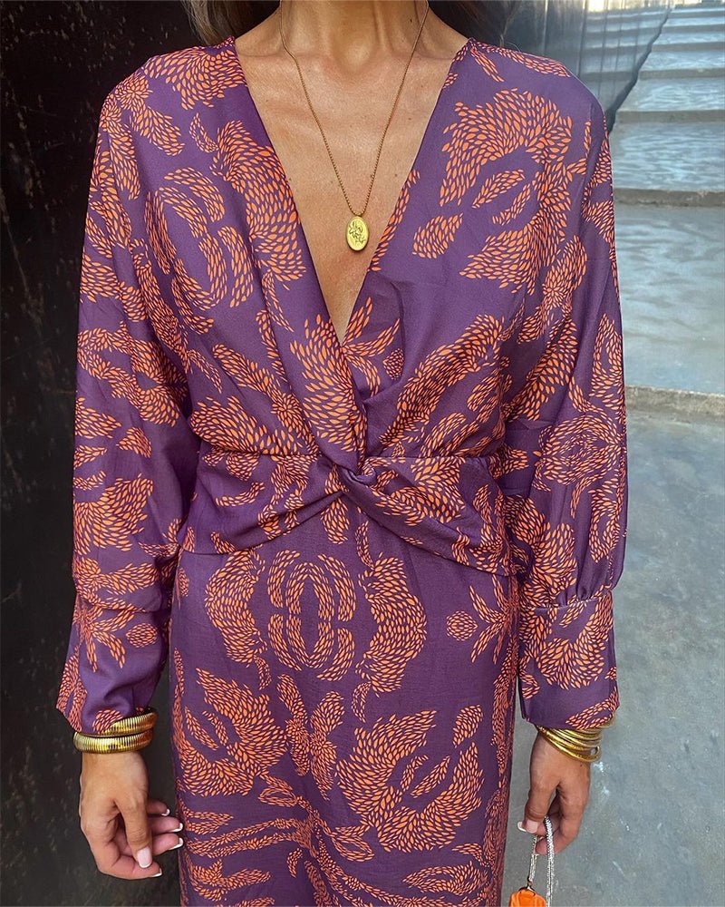 Women's Vintage Print V-Neck Dress | Long Sleeve Knot Front View 11