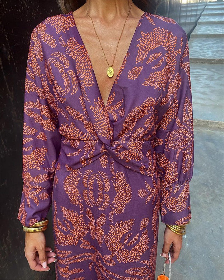 Women's Vintage Print V-Neck Dress | Long Sleeve Knot Front View 11
