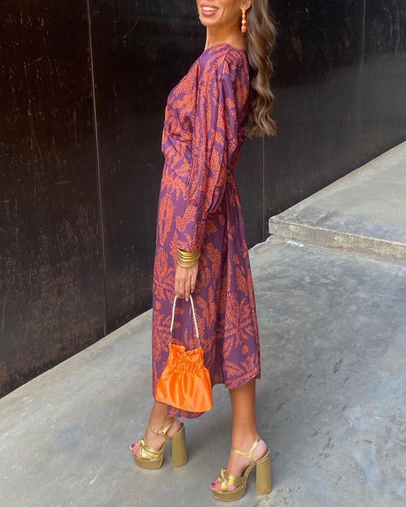 Women's Vintage Print V-Neck Dress | Long Sleeve Knot Front View 12