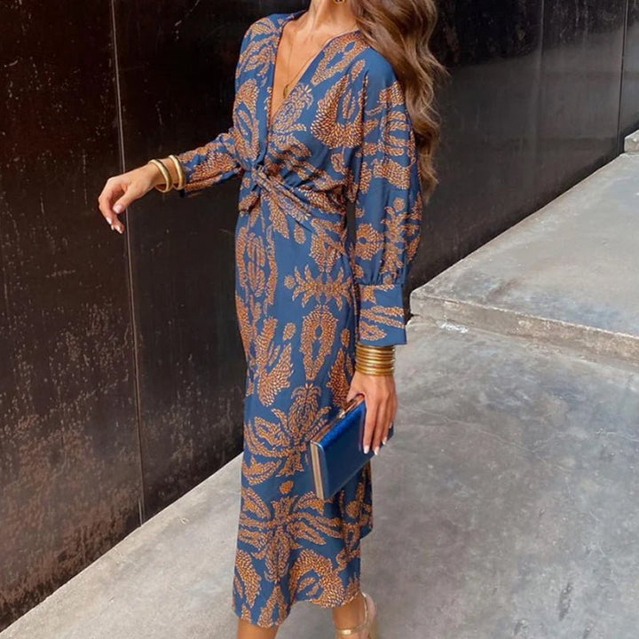 Women's Vintage Print V-Neck Dress | Long Sleeve Knot Front View 13