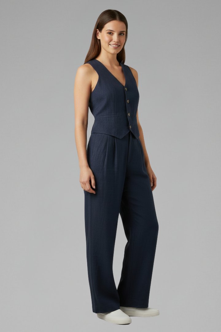 Women's Waistcoat Trouser Set | V-Neck Wide Leg Two Piece Back