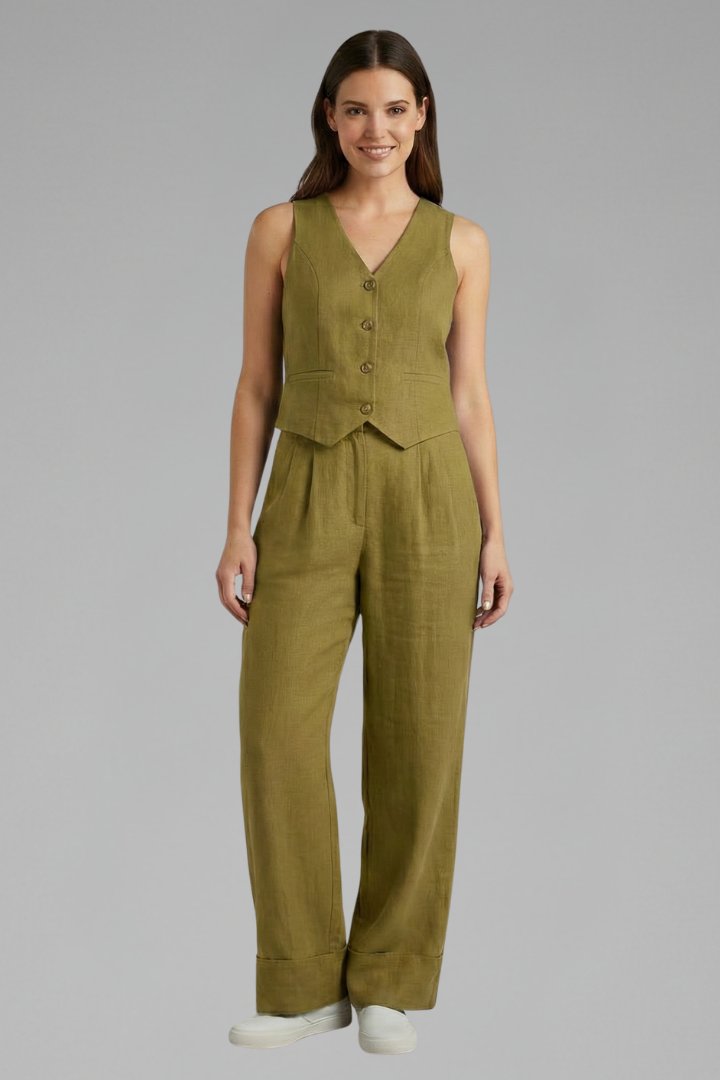 Women's Waistcoat Trouser Set | V-Neck Wide Leg Two Piece Close Up