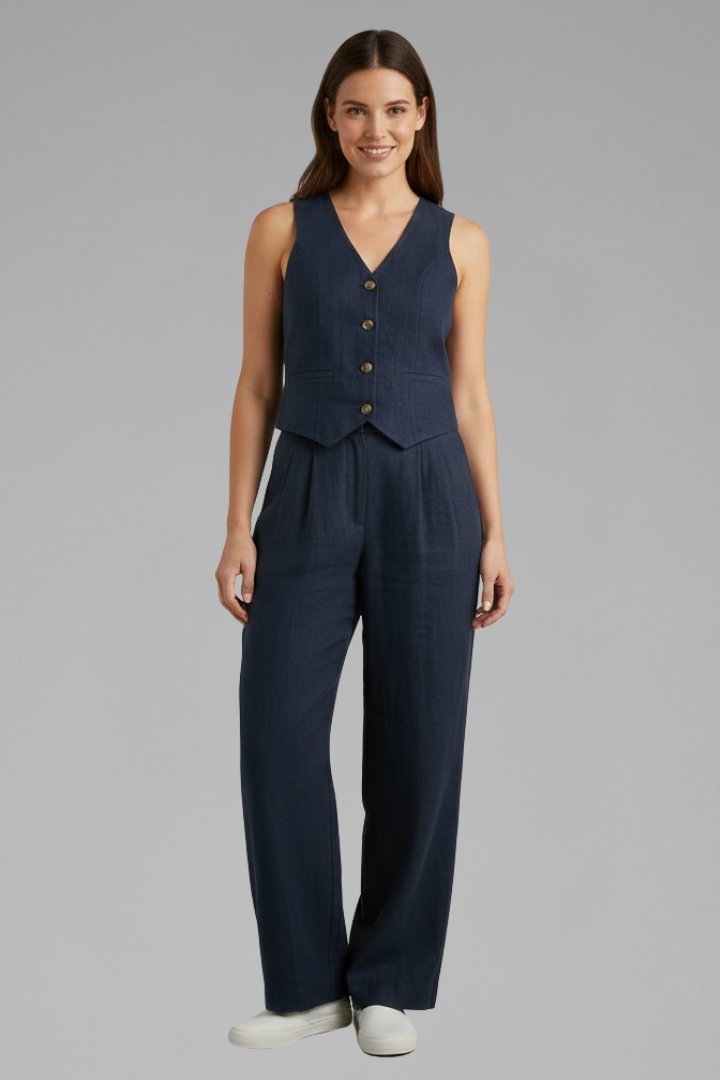Women's Waistcoat Trouser Set | V-Neck Wide Leg Two Piece Front