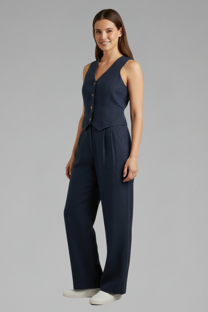 Women's Waistcoat Trouser Set | V-Neck Wide Leg Two Piece Side