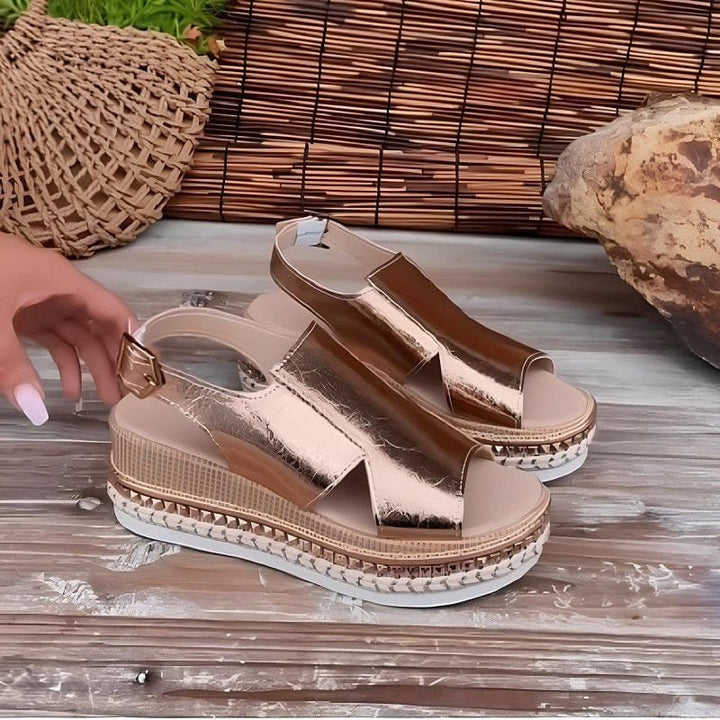 Women's Wedge Heeled Platform Orthopedic Sandals | Metallic Buckle Ankle Strap Close Up