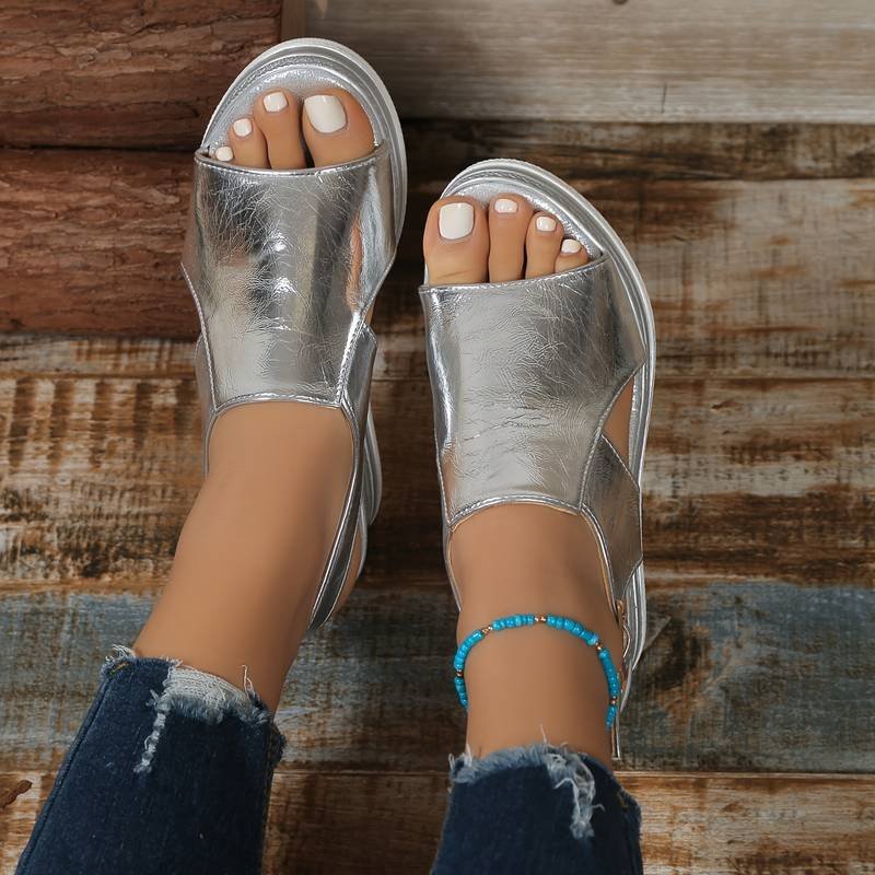 Women's Wedge Heeled Platform Orthopedic Sandals | Metallic Buckle Ankle Strap Detail