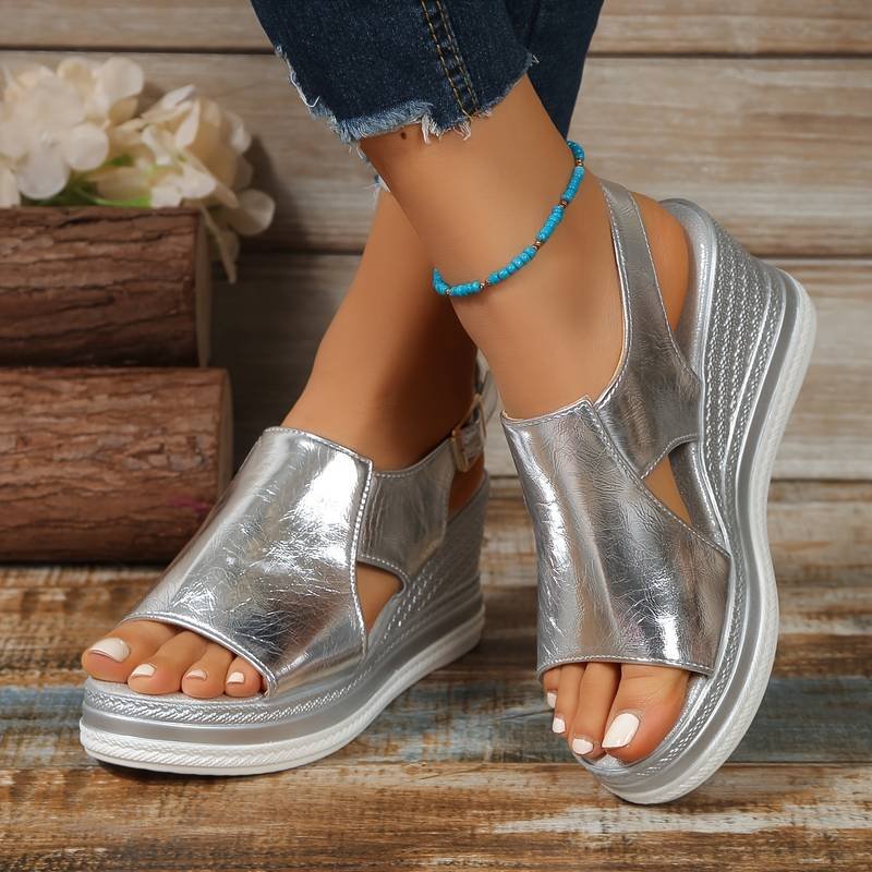 Women's Wedge Heeled Platform Orthopedic Sandals | Metallic Buckle Ankle Strap Hero