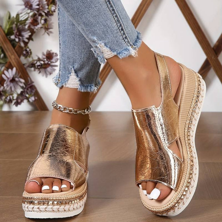 Women's Wedge Heeled Platform Orthopedic Sandals | Metallic Buckle Ankle Strap Side