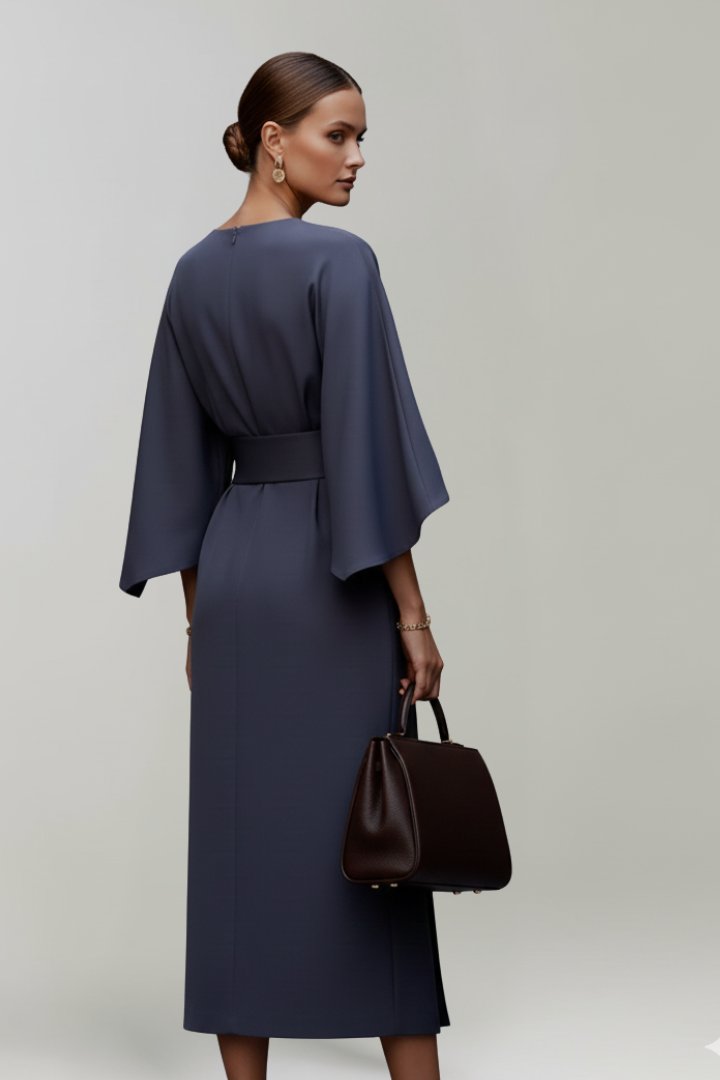 Women's Wide Sleeve Belted Midi Dress Alternate