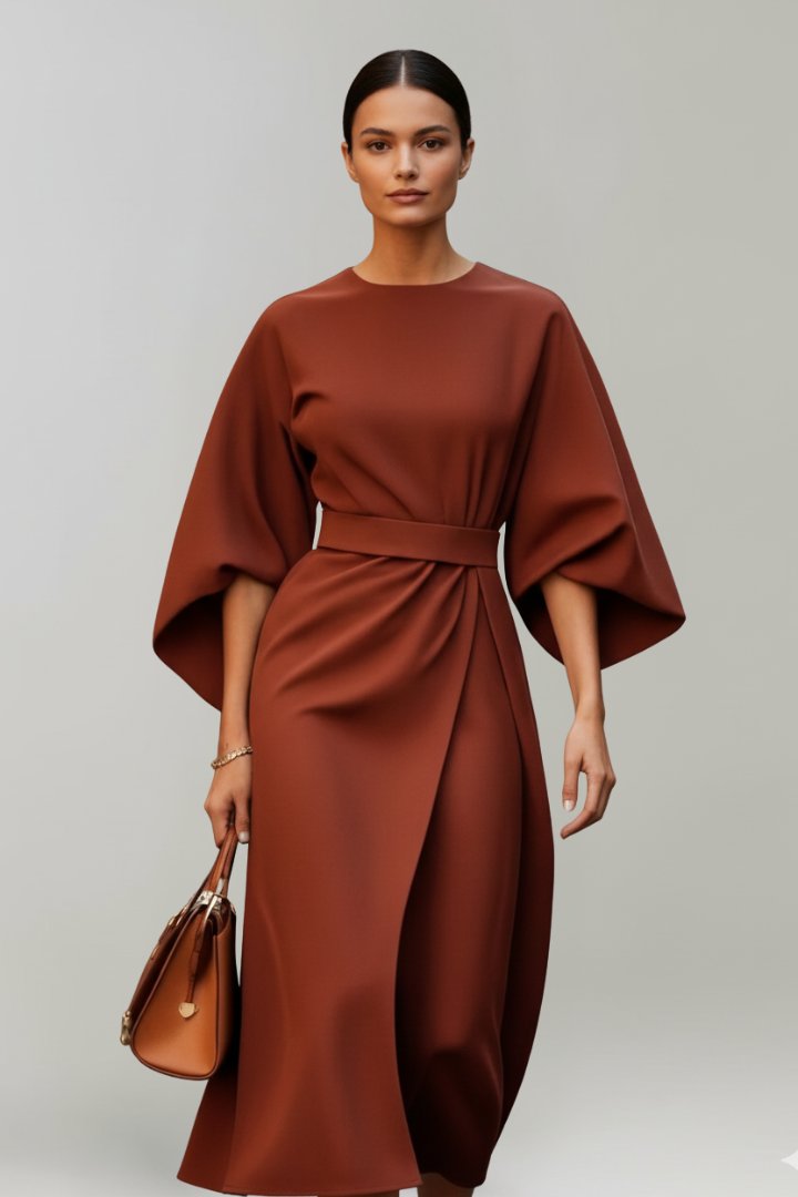 Women's Wide Sleeve Belted Midi Dress Angle