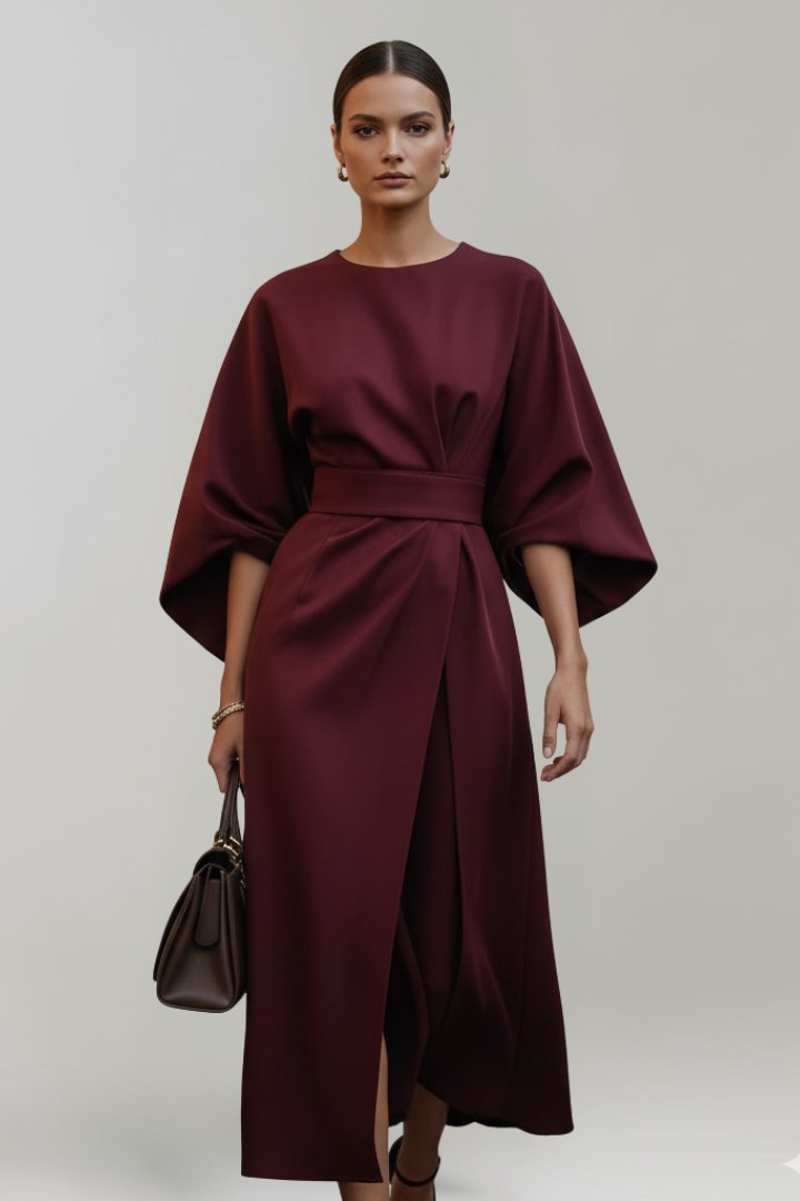 Women's Wide Sleeve Belted Midi Dress Back