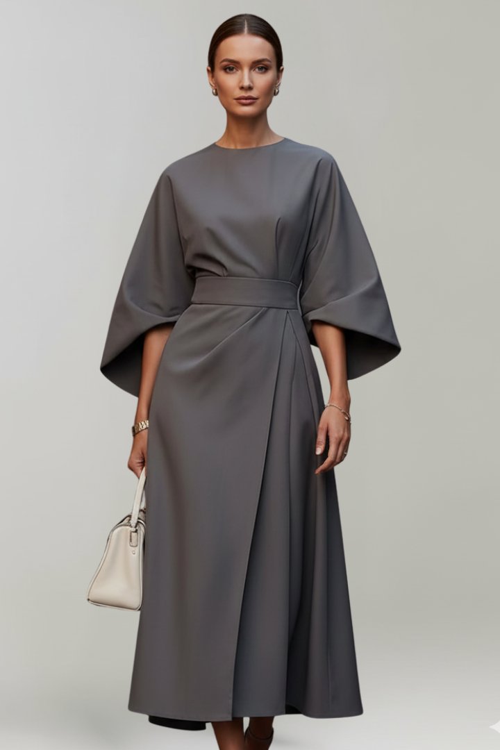 Women's Wide Sleeve Belted Midi Dress Close Up