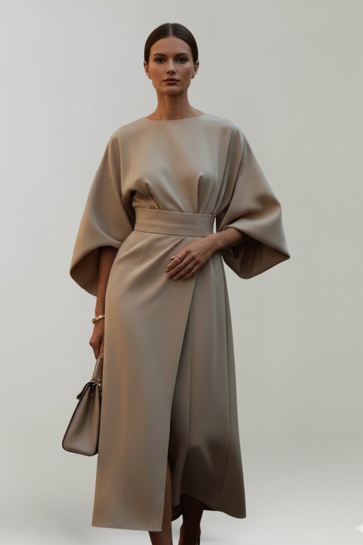 Women's Wide Sleeve Belted Midi Dress Detail