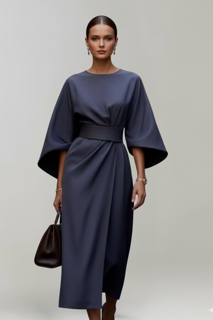 Women's Wide Sleeve Belted Midi Dress Front
