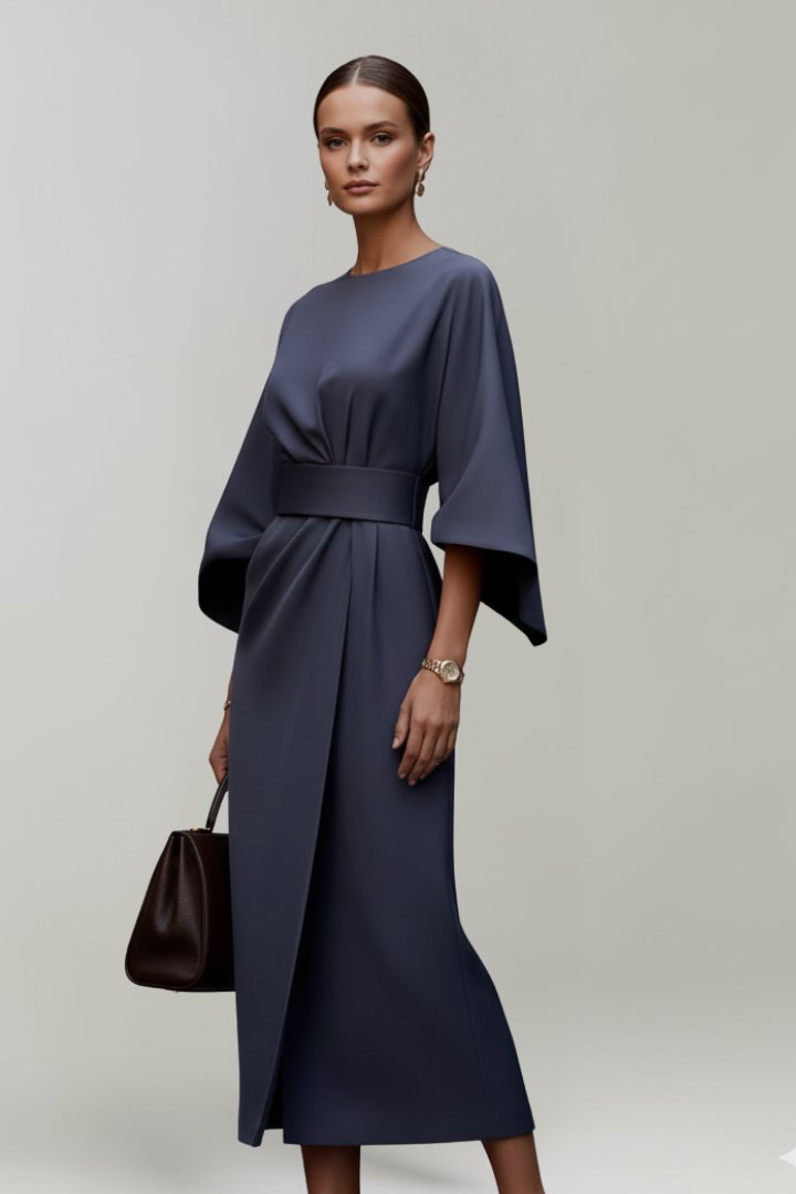 Women's Wide Sleeve Belted Midi Dress Full