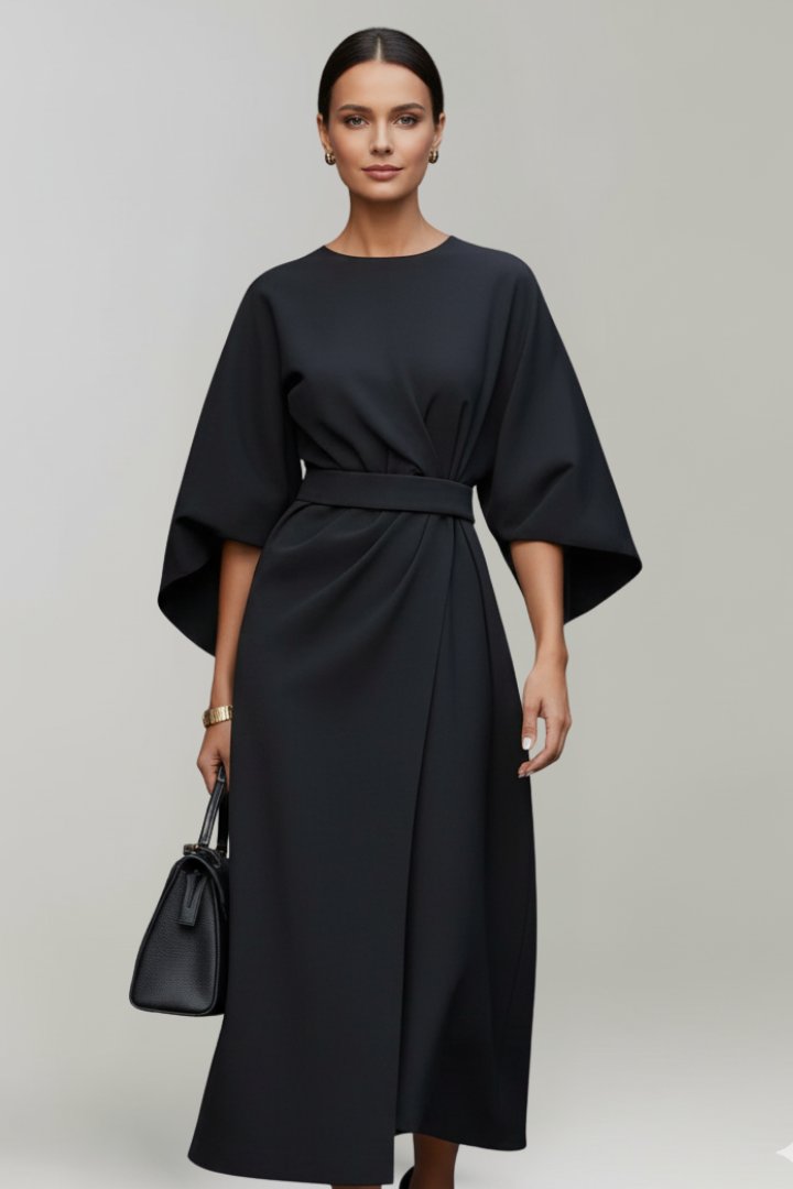 Women's Wide Sleeve Belted Midi Dress Side