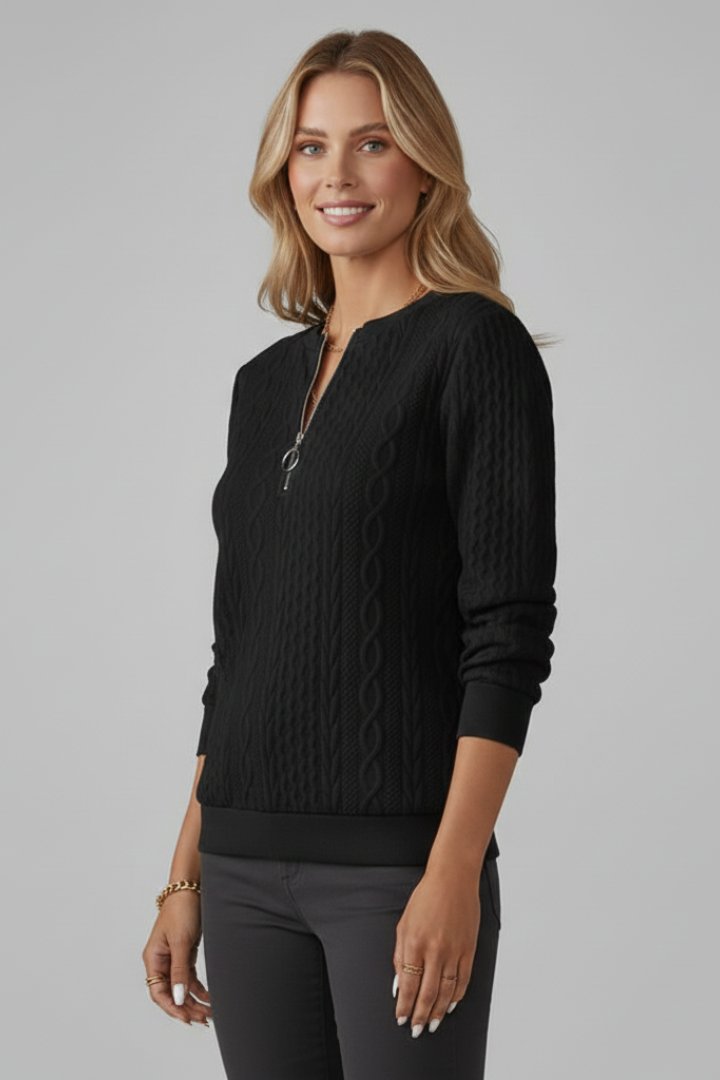 Women's Zip Neck Cable Knit Jumper | Half Zip Fitted Cuffs Back