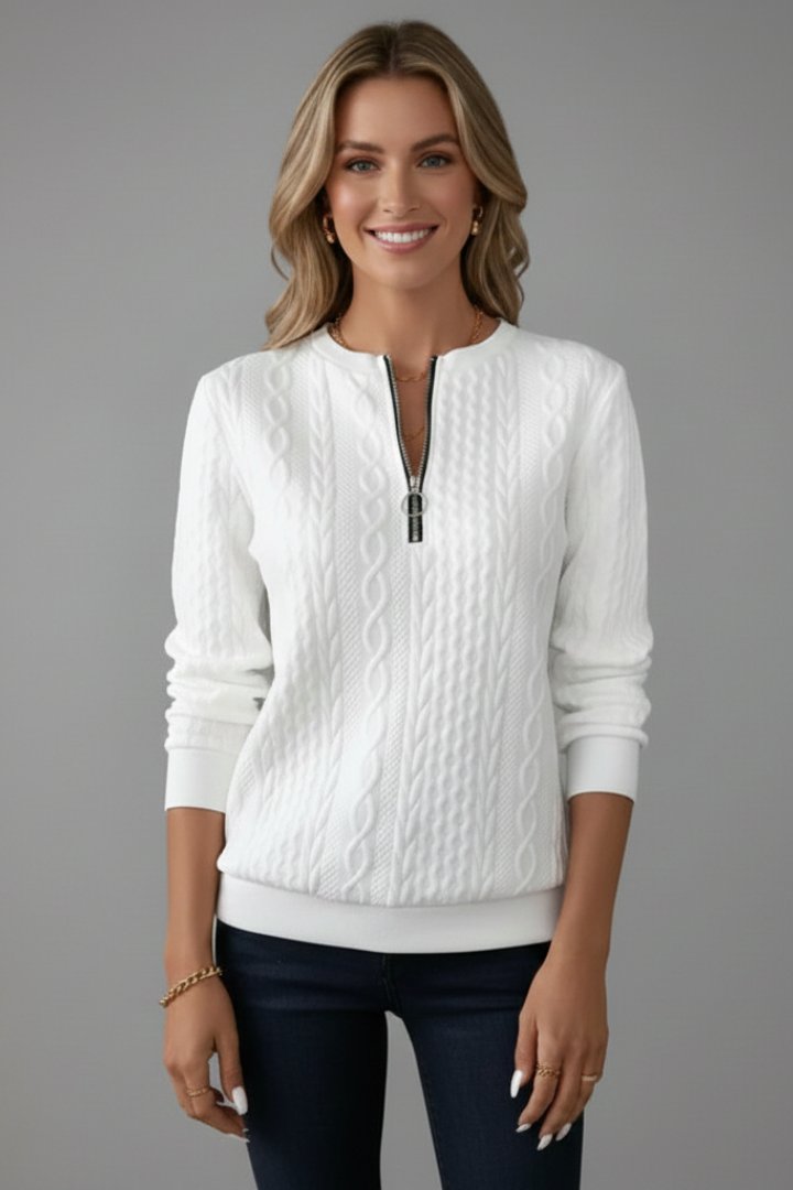 Women's Zip Neck Cable Knit Jumper | Half Zip Fitted Cuffs Close Up