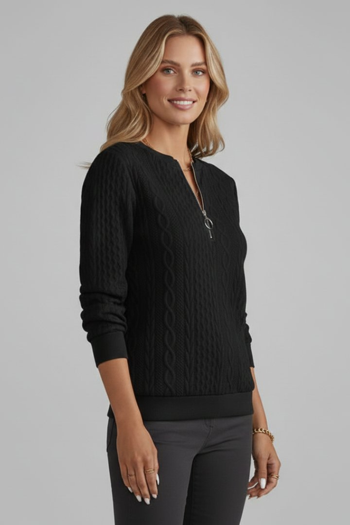 Women's Zip Neck Cable Knit Jumper | Half Zip Fitted Cuffs Side