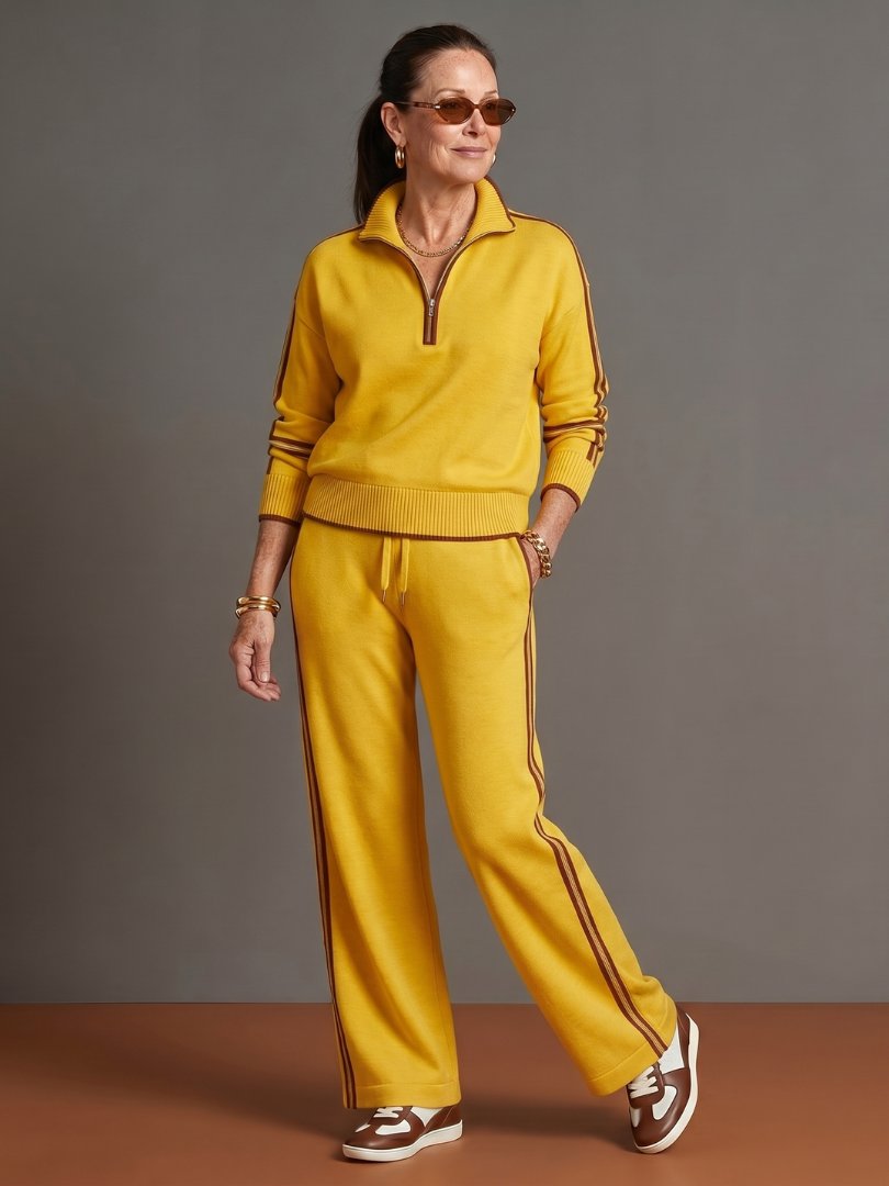 Women's Zip Neck Side Stripe Pants Set | Relaxed Fit Knit Co-ord Close Up