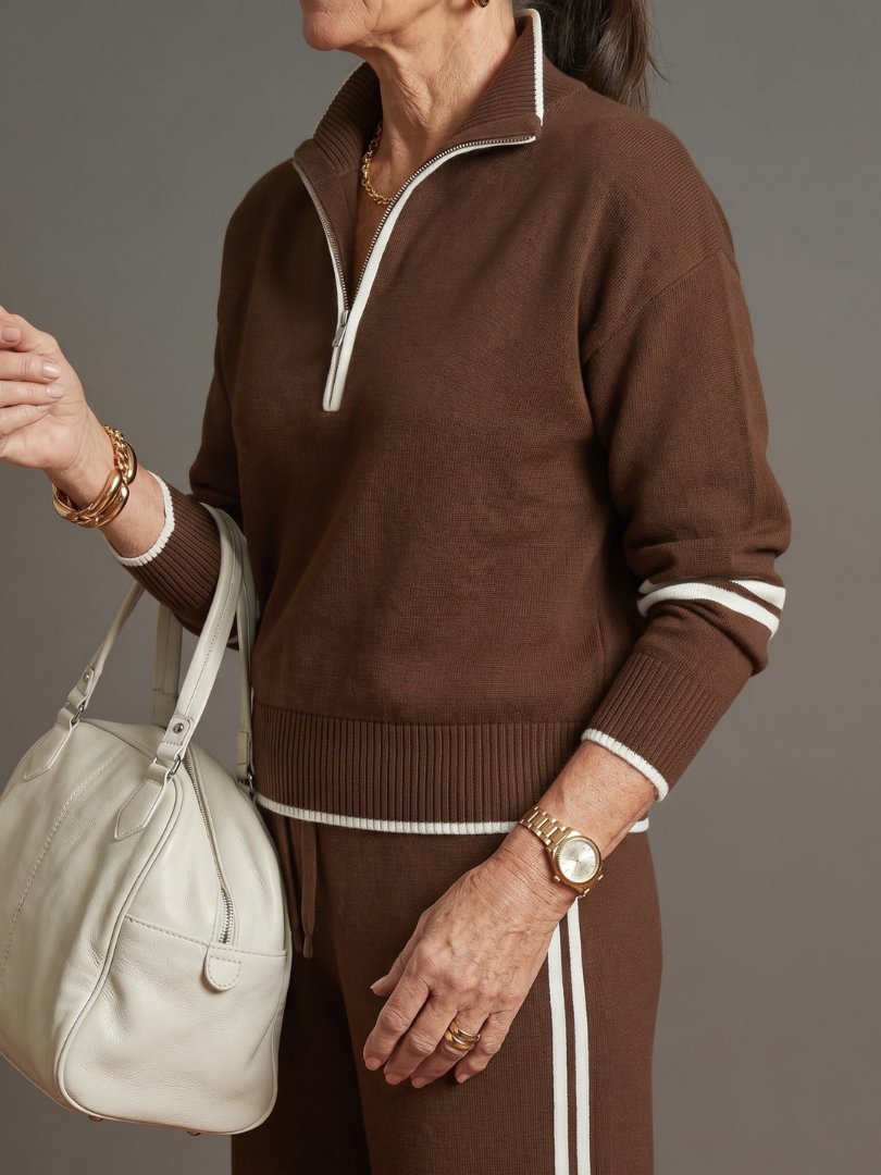 Women's Zip Neck Side Stripe Pants Set | Relaxed Fit Knit Co-ord Detail