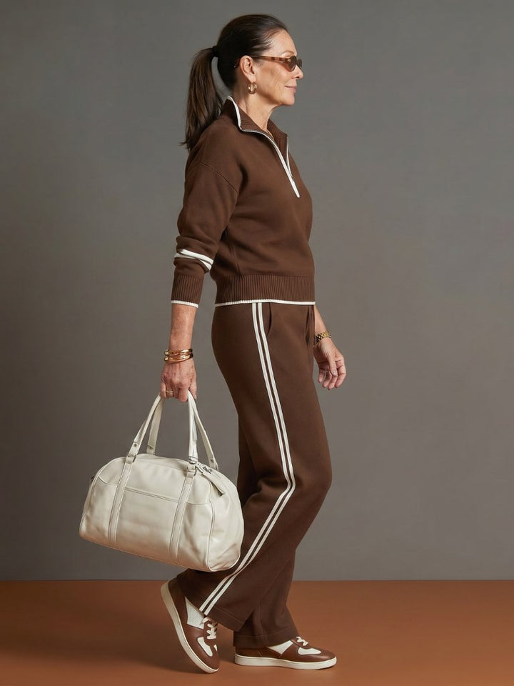 Women's Zip Neck Side Stripe Pants Set | Relaxed Fit Knit Co-ord Front