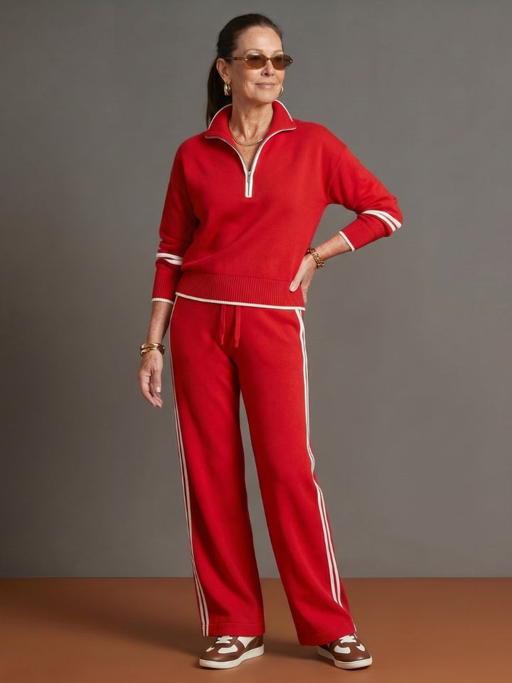 Women's Zip Neck Side Stripe Pants Set | Relaxed Fit Knit Co-ord Full