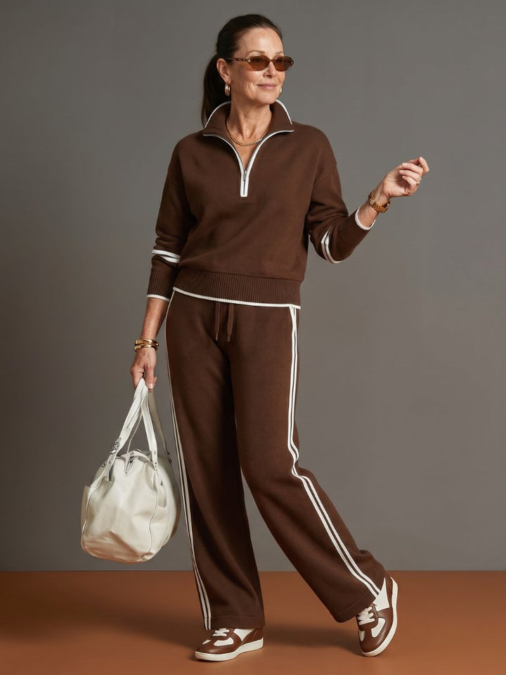 Women's Zip Neck Side Stripe Pants Set | Relaxed Fit Knit Co-ord Hero