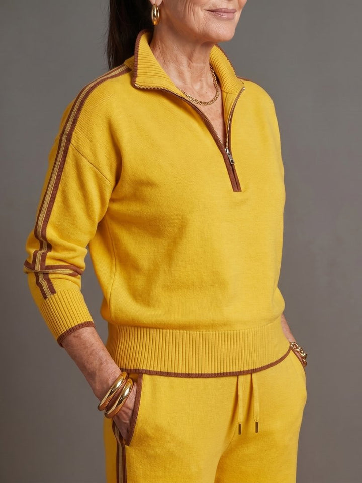 Women's Zip Neck Side Stripe Pants Set | Relaxed Fit Knit Co-ord Lifestyle