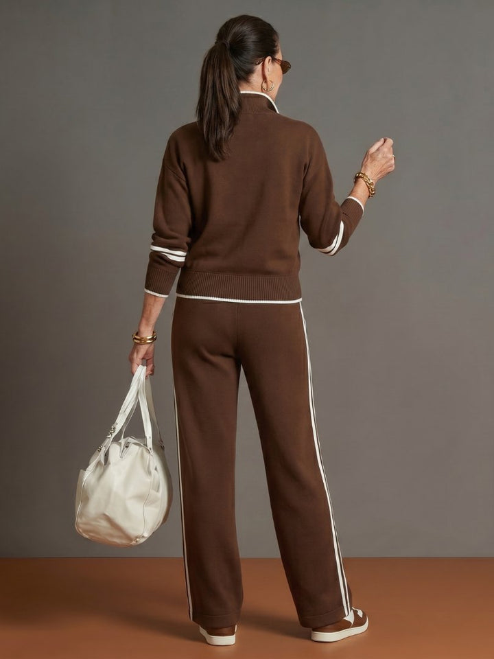 Women's Zip Neck Side Stripe Pants Set | Relaxed Fit Knit Co-ord Side
