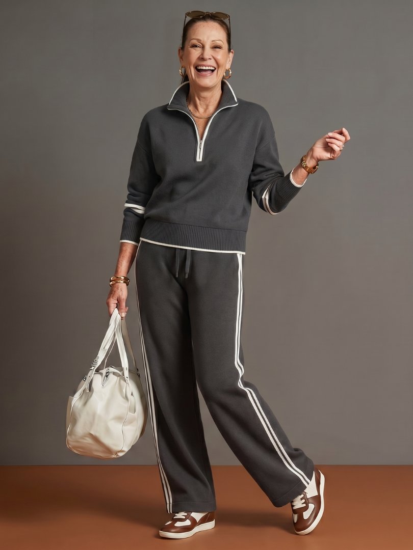 Women's Zip Neck Side Stripe Pants Set | Relaxed Fit Knit Co-ord View 11