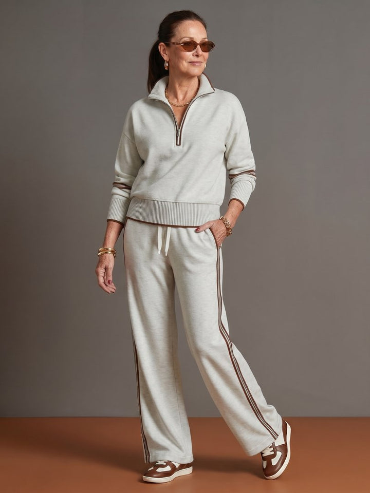 Women's Zip Neck Side Stripe Pants Set | Relaxed Fit Knit Co-ord View 14