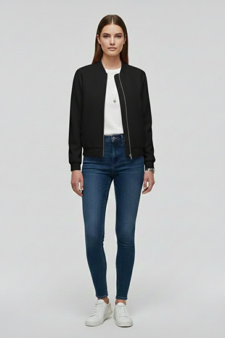 Women's Zipped Bomber Jacket | Elasticated Hem Straight Cut Close Up