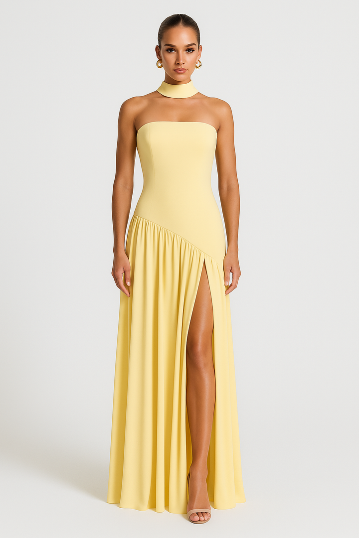 Women's Elegant Strapless Slit Maxi Dress